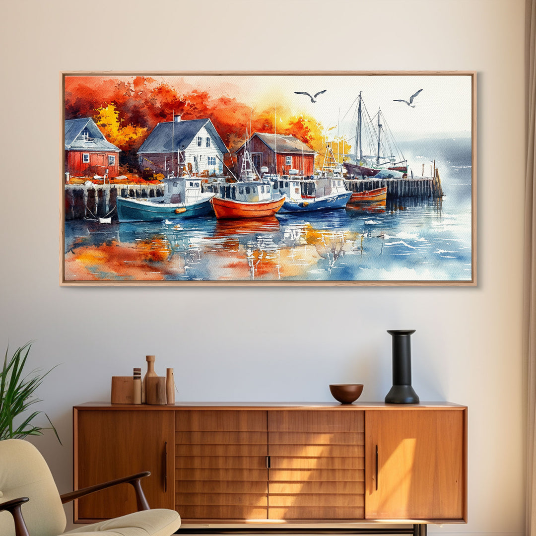 Colorful boats harbor framed canvas print, rustic autumn coastal decor, fall home decor, vintage nautical art gift idea, seasonal wall art