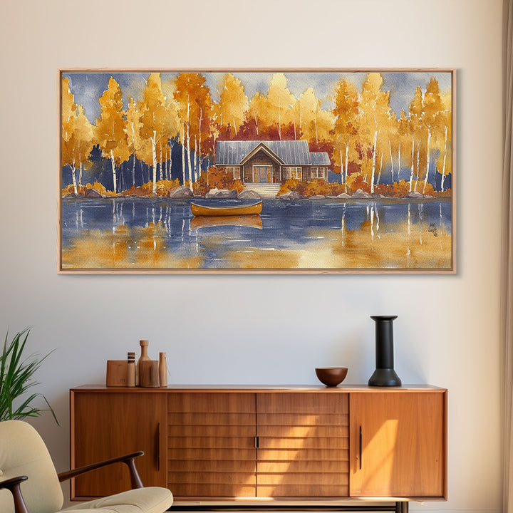 Lakeside cabin in autumn, framed canvas print, cozy fall decor, rustic cabin home decor, fall landscape wall art, perfect autumn gift idea