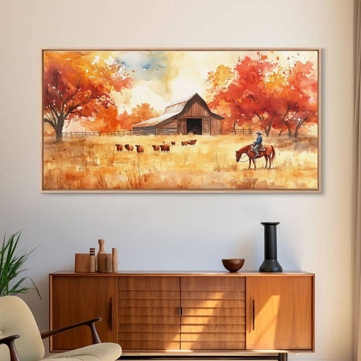 Cowboy on horse in autumn farm scene, framed canvas print, rustic fall decor, farmhouse home decor, cozy autumn landscape art, fall wall art