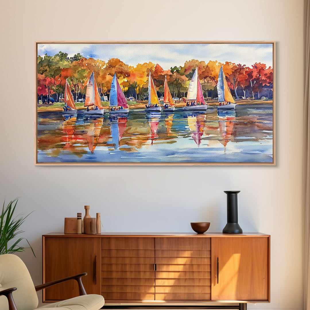 Sailboats on autumn lake, framed canvas print, colorful fall decor, nautical wall art for fall home, rustic autumn wall art, gift idea