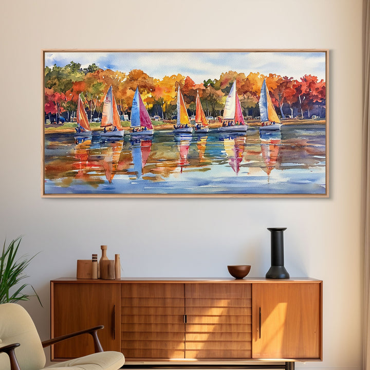 Sailboats on autumn lake, framed canvas print, colorful fall decor, nautical wall art for fall home, rustic autumn wall art, gift idea