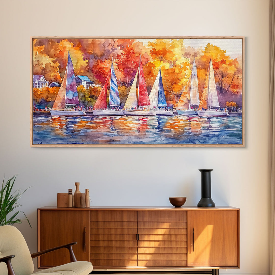 Sailboats in autumn harbor framed canvas print, colorful fall decor, rustic nautical wall art, autumn home decor, fall landscape wall art