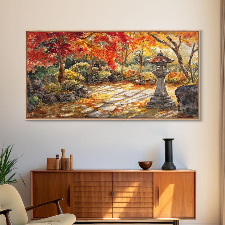 Beautiful Autumn Garden Path with Lantern, Fall Decor, Watercolor Landscape Art, Framed Canvas Print, Wall Art, Farmhouse Decor, Gift Idea