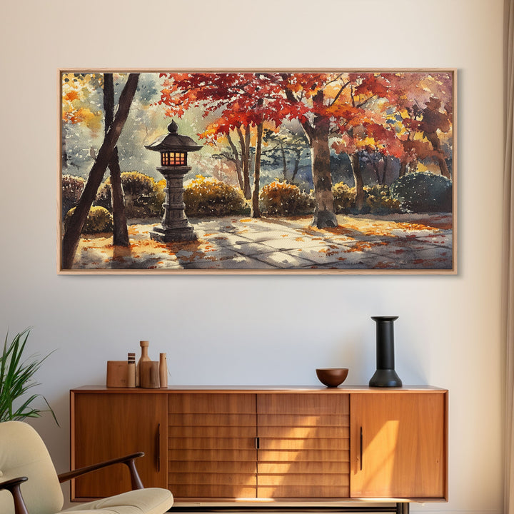 Lantern-Lit Autumn Pathway in Garden, Fall Wall Art, Watercolor Canvas Print, Autumn Home Decor, Gallery Wall, Farmhouse Decor Gift Idea