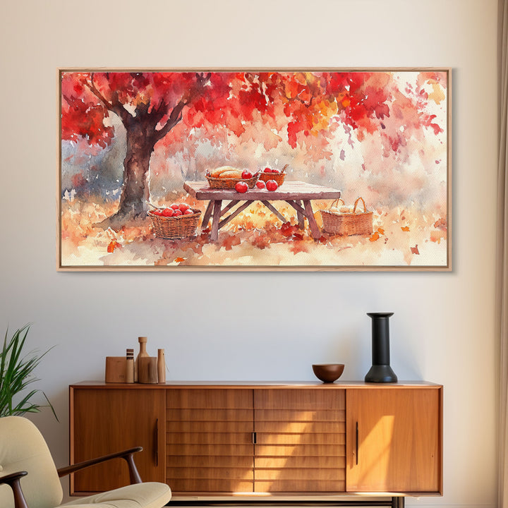 Fall Harvest Picnic Scene, Farmhouse Fall Decor, Framed Canvas Print, Seasonal Wall Art, Country Home Decor, Watercolor Artwork Gift Idea