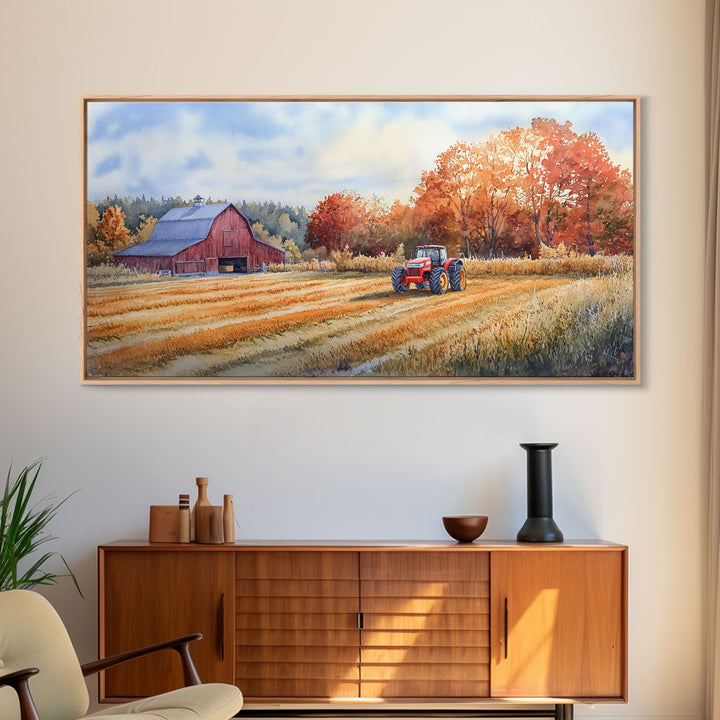 Red Barn in Autumn Landscape, Framed Canvas Print, Farmhouse Fall Decor, Watercolor Wall Art, Above Sofa Art, Wall Decor, Gift Idea 2024