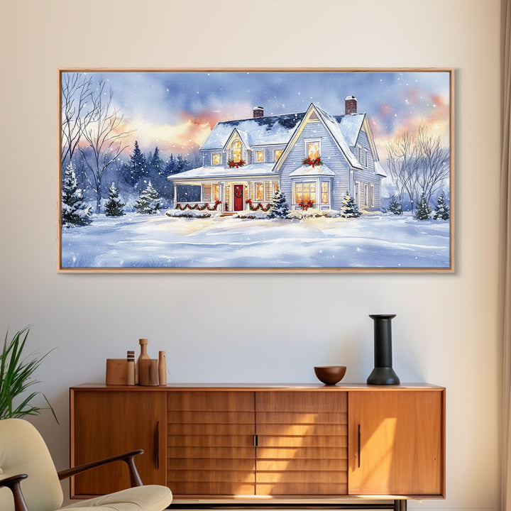 Cozy Winter House with Snowy Landscape, Christmas Decor, Framed Canvas Print, Farmhouse Christmas Decor, Seasonal Wall Art, Gift Idea