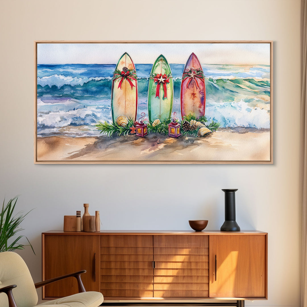 Beach Christmas Decor with Surfboards, Tropical Christmas Art, Framed Canvas Print, Watercolor Wall Art, Coastal Holiday Decor Art Gift Idea
