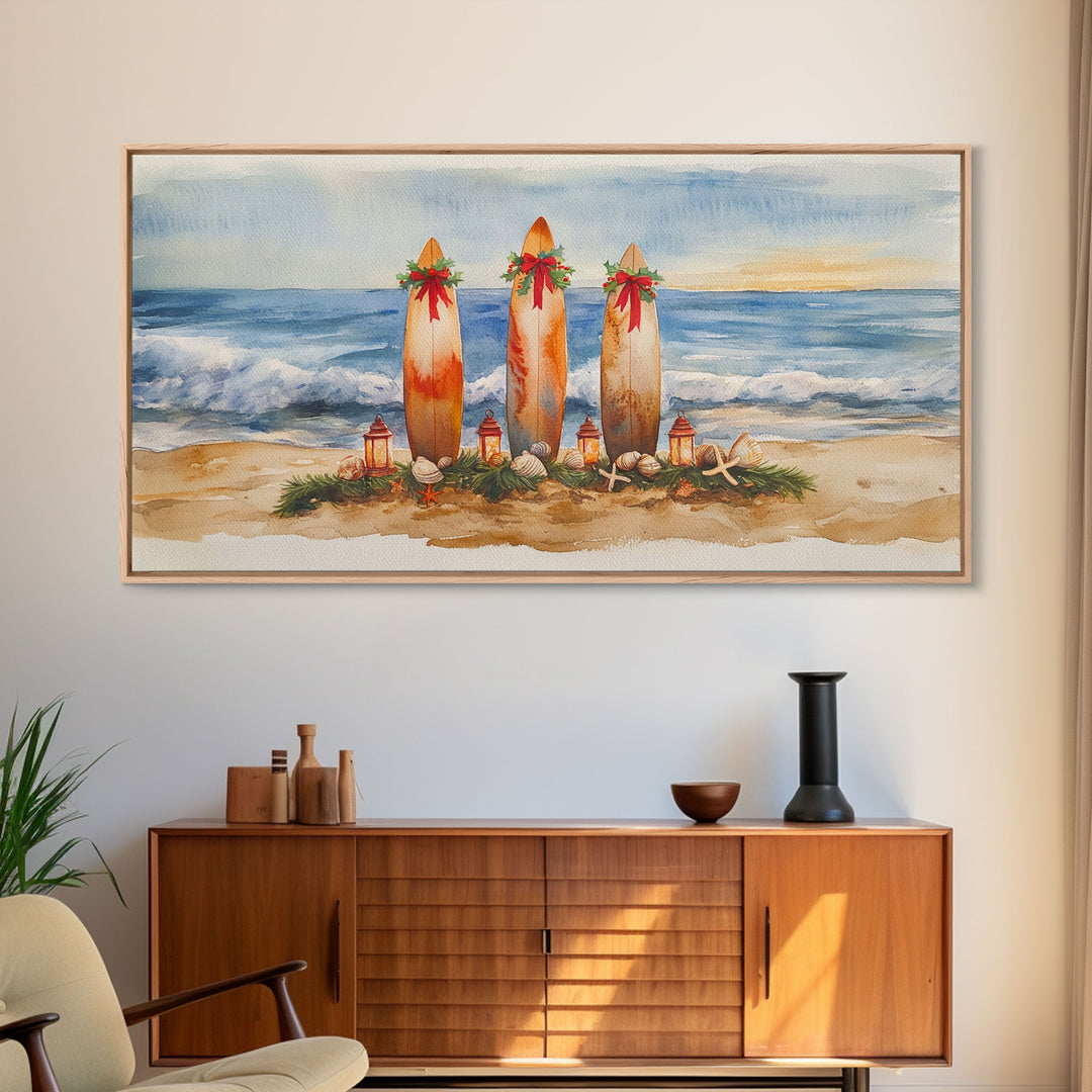 Coastal Christmas Surfboard Scene, Beach Christmas Decor, Framed Canvas Print, Watercolor Wall Art, Tropical Holiday Decor, Best Gift Idea