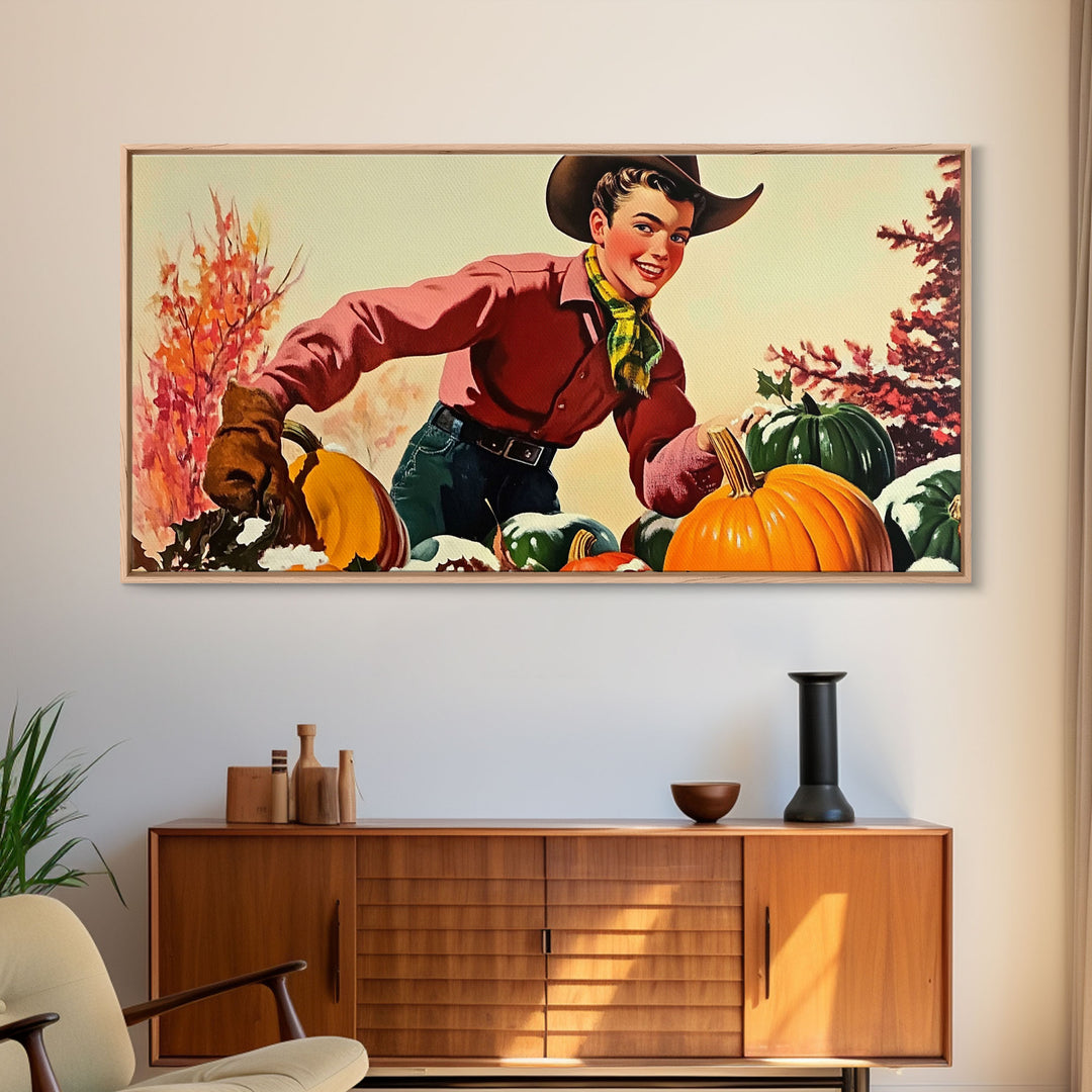 Autumn Cowboy with Pumpkins Framed Canvas Print, Vintage Fall Decor, Gift Idea, Farmhouse Wall Art, Rustic Pumpkin Patch, Holiday Home Decor