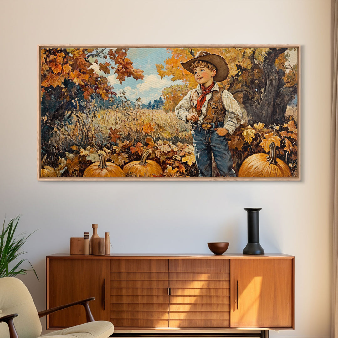 Vintage Fall Cowboy Framed Canvas Print, Retro Autumn Wall Art, Farmhouse Pumpkin Patch, Gift Idea, Harvest Home Decor, Rustic Art Piece