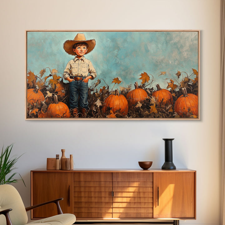 Cowboy Boy with Pumpkins Framed Canvas Print, Fall Wall Art, Rustic Farmhouse Decor, Vintage Harvest Print, Gift Idea, Holiday Home Decor