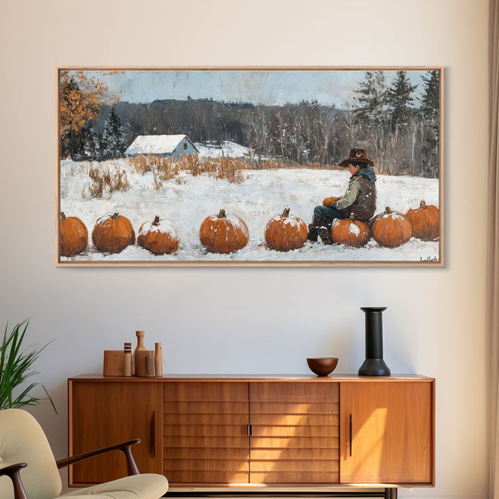 Cowboy Sipping Coffee Autumn Decor Framed Canvas Print Perfect Above Sofa Wall Art Western Home Decor Moody Fall Artwork Rustic