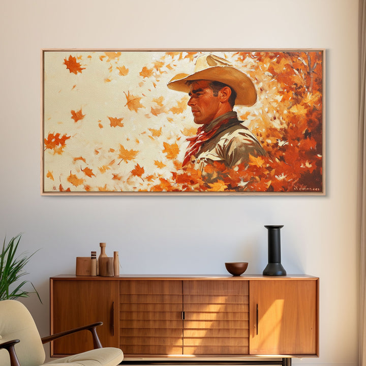 Cowboy and Fall Leaves, Framed Canvas Print Seasonal Wall Art Christmas Cowboy Gift Winter Landscape Wall Decor