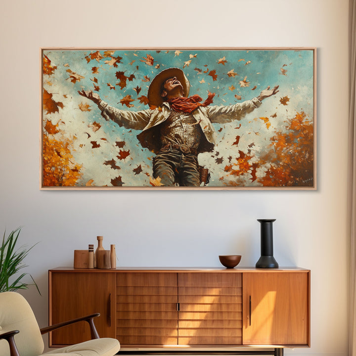 Cowboy Throwing Leaves In The Air, Funny Western Decor, Framed Canvas Print, Mood Lifting Wall Art, Fall Decor