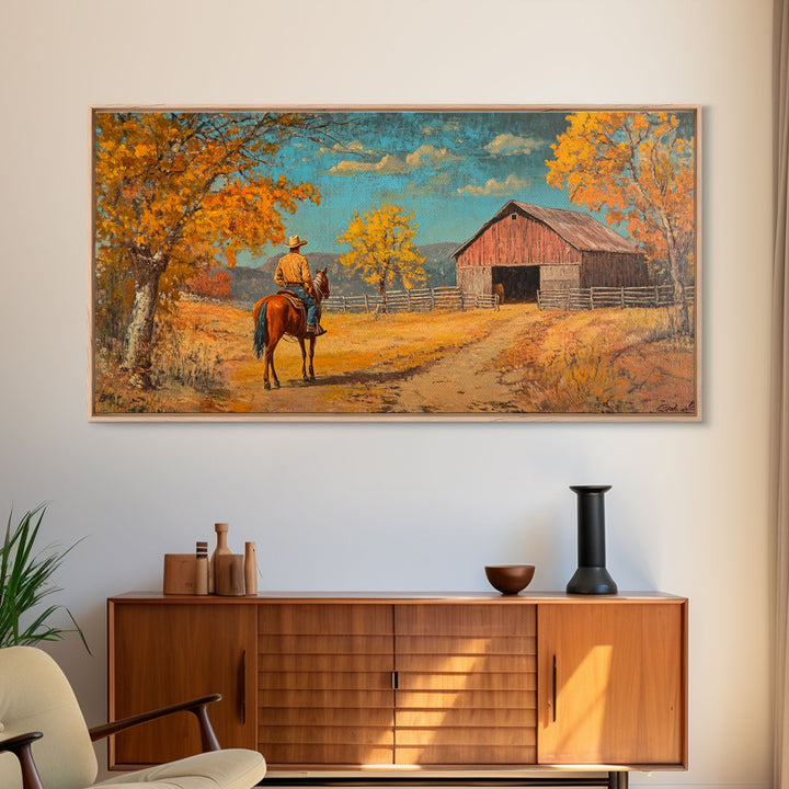 Cowboy Horse Autumn River Framed Canvas Print Perfect Above Sofa Fall Cowboy Art Moody Landscape Fall Western Wall Art