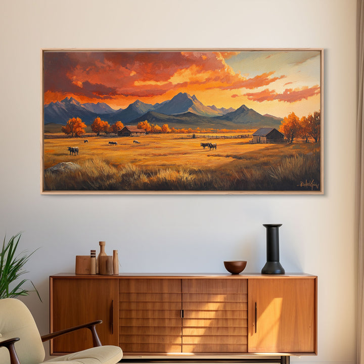 Fall Sunset Framed Canvas Print Scenic Ranch Landscape Art Autumn Wall Decor Ideal Holiday Home Decor and Gift for Farmhouse Style