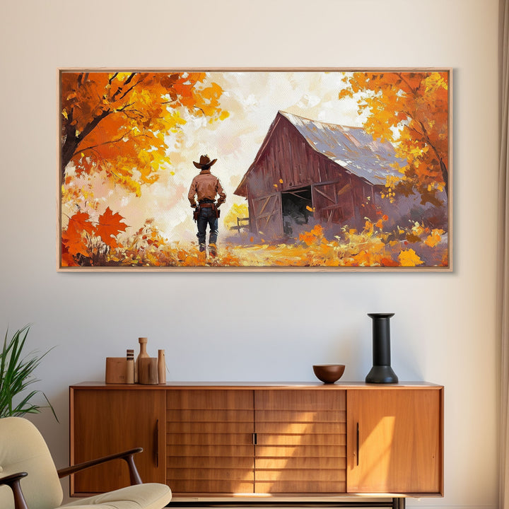 Cowboy and His Barn, Framed Canvas Print, Landscape Art Christmas Cowboy Holiday Art Wall Decor Seasonal