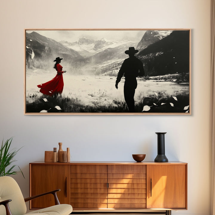 Winter Forest Cowboy Framed Canvas Print Christmas Cowboy Art Above Sofa Holiday Wall Decor Seasonal Winter Wonderland Gift