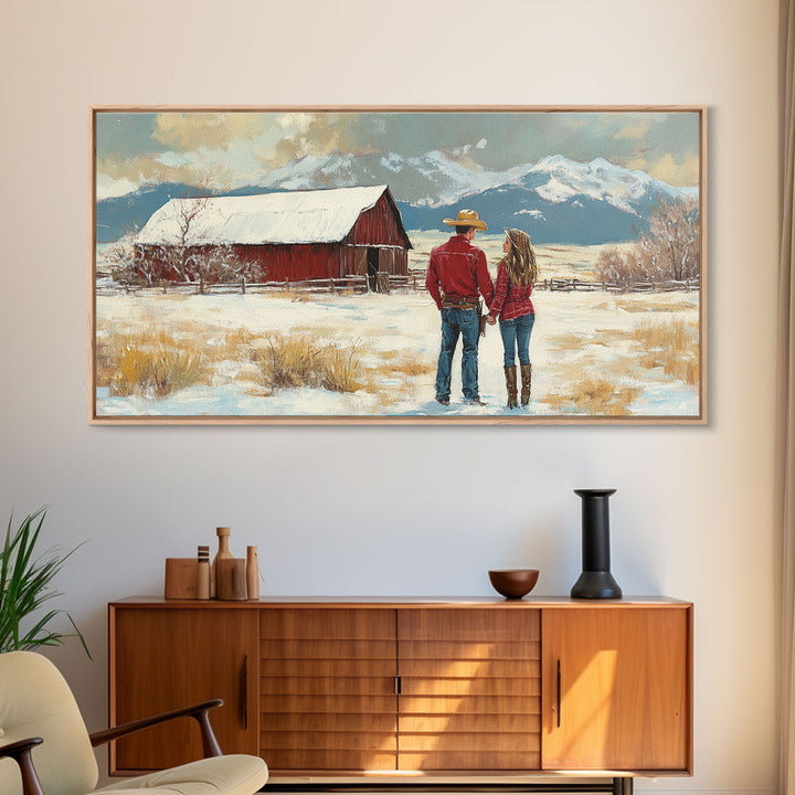 Our First House, Framed Canvas Print, Winter Landscape and Red Barn Painting, Rustic Farmhouse Decor, Outdoor Decor Christmas, Vintage Art