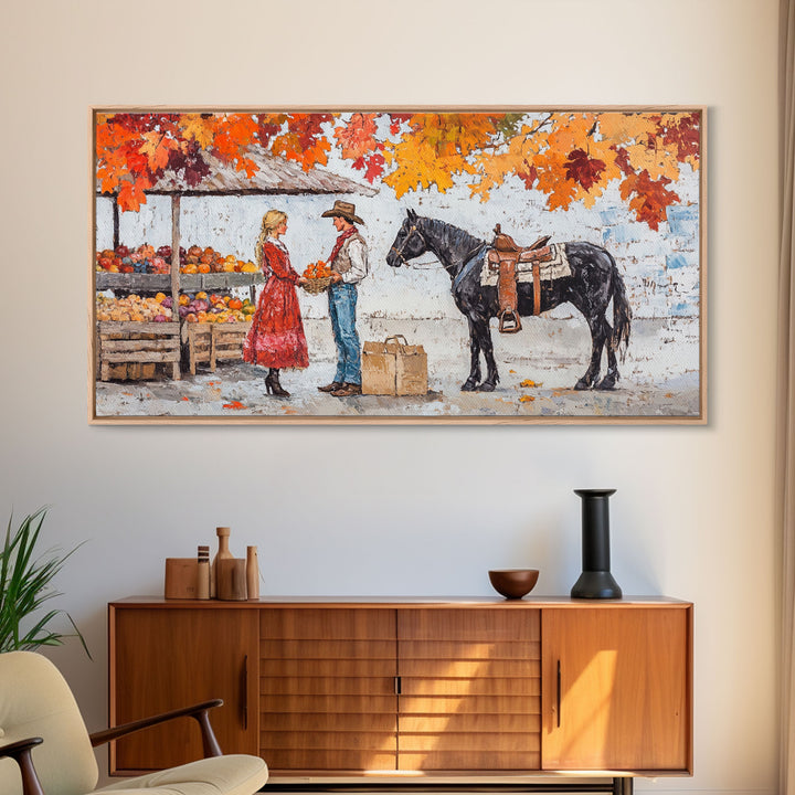 Cute Cowboy & Cowgirl Meet At The Market, Autumn Landscape Fall Colors Horse Rider Wall Art Rustic Fall Wall Decor, Framed Canvas Print