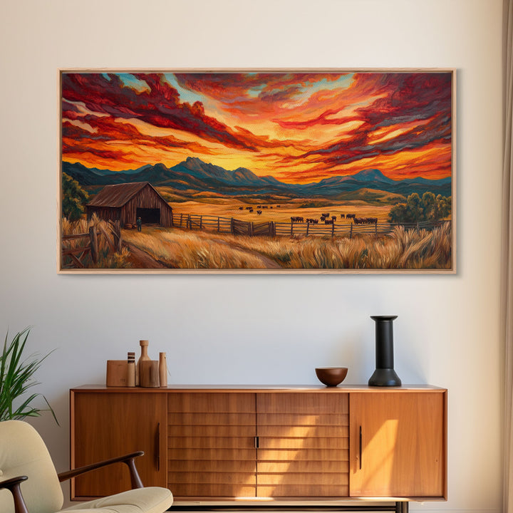 Sunset Ranch Framed Canvas Print Western Farmhouse Landscape Autumn Wall Art Large Fall Country Home Decor Above Sofa Art Piece