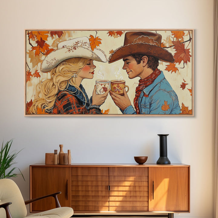 Cowgirl & Cowboy Enjoy Some Hot Chocolate, Art For Couples, Framed Canvas Print, Rustic Farmhouse Home Decor, Wall Art Rustic Decor