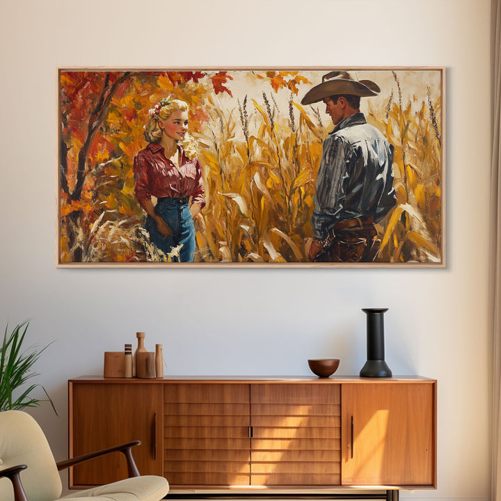 Cowboy & Cowgirl In Love, Framed Canvas Print, Vintage Holiday Winter Wall Art Western Christmas Decor