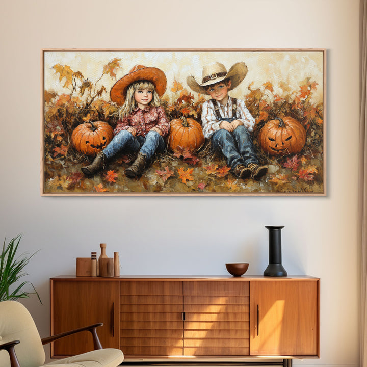 Framed Canvas Print Cowboy On Horse Overlooking Fall Mountain Peaks Western Horse Rider Autumn Scenic Wall Art Fall Colors