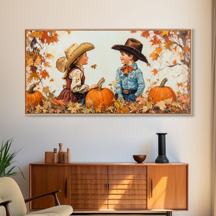 Cute Cowboy and Cowgirl In a Pumpkin Patch, Framed Canvas Print, 1950s Style Wall Art, Nursery Decor