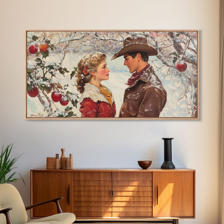Cowboy and Cowgirl meet under the mistletoe, framed canvas print, cute winter wall art, Christmas home decor, seasonal rustic decor