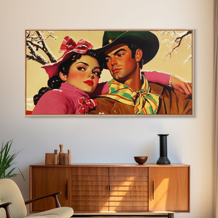 Retro 50s Style Cowboy and Cowgirl In Love, Gift For Couples, Framed Canvas Print, vintage wall art, rustic decor, classic western print