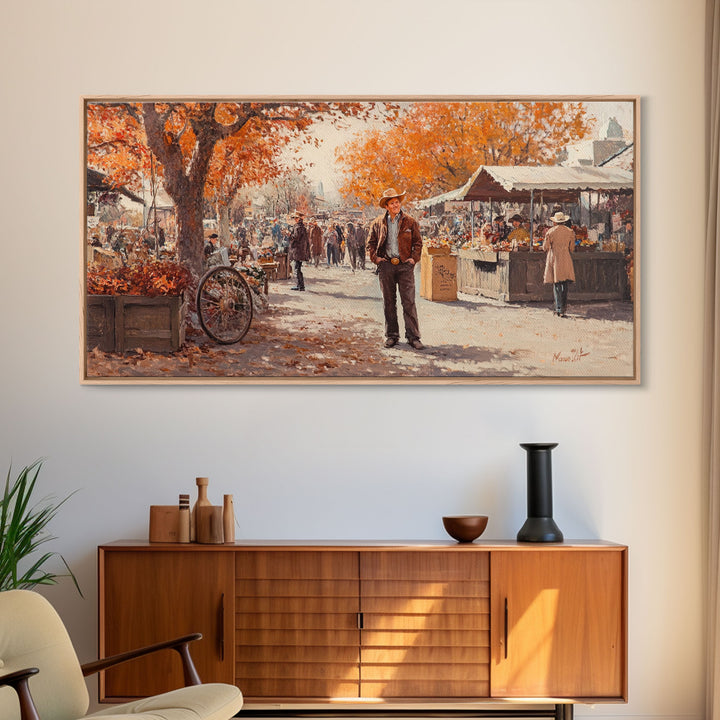 Cowboy in green jacket, snow-capped mountains trees, Framed Canvas Print, tall western Christmas wall art, winter decor, colorful landscape