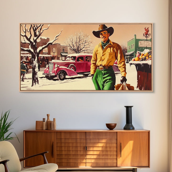 Retro 1950's Style Cowboy, Framed Canvas Print, Pastel Colors, Vintage Inspired Home Decor For Christmas