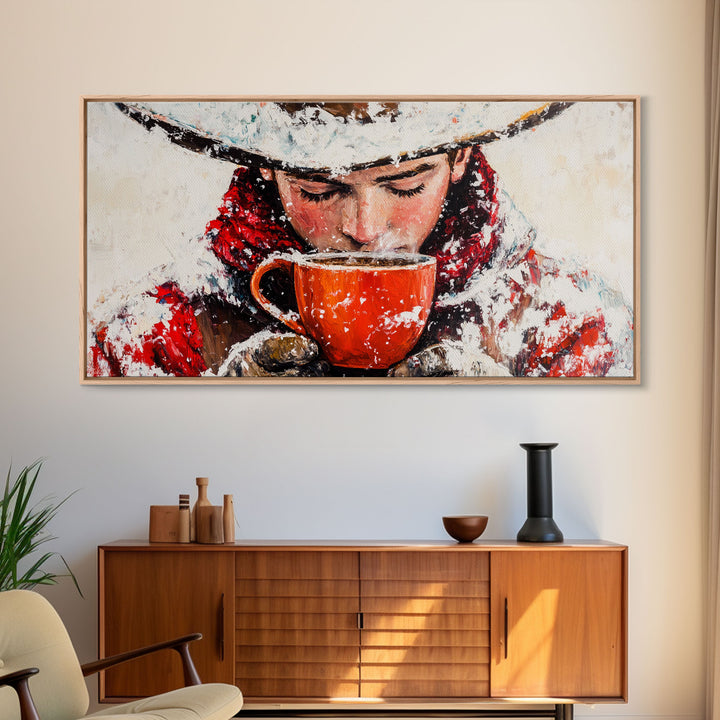 Cowboy in forest with burning fire, deep autumn hues, Framed Canvas Print, moody landscape, fall western art, rustic wall piece, wall decor