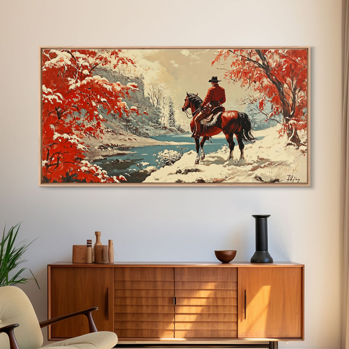 Cowboy resting by campfire under aspen trees with mountains in background, Framed Canvas Print, rustic wall art, warm western decor piece