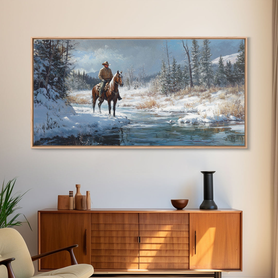 Cowboy riding horse through vibrant autumn forest, Framed Canvas Print, tall fall wall art, rustic western decor, moody landscape