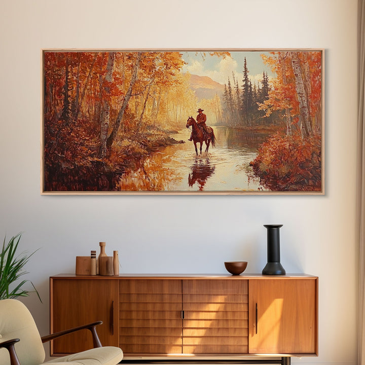 Black white cowboy riding toward snow-covered mountains, Framed Canvas Print, minimalist winter wall art, moody landscape, western decor