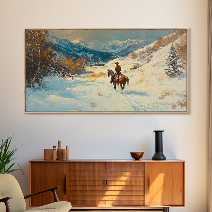 Cowgirl with yellow scarf in fall forest, Framed Canvas Print, tall dramatic black white wall art with a pop of color, moody autumn decor