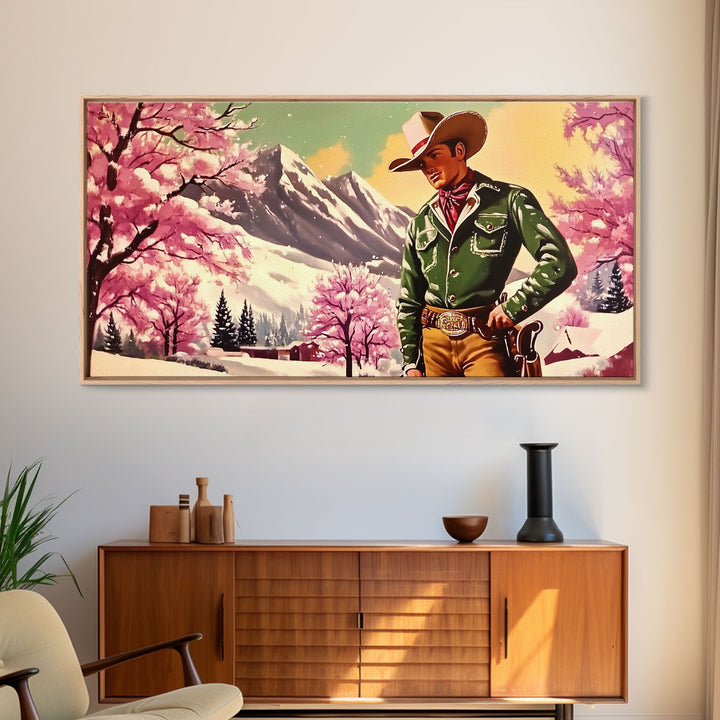 Retro Framed Canvas Print of a woman in a white dress standing next to a vintage pink truck, holiday wall art gift ideas any space