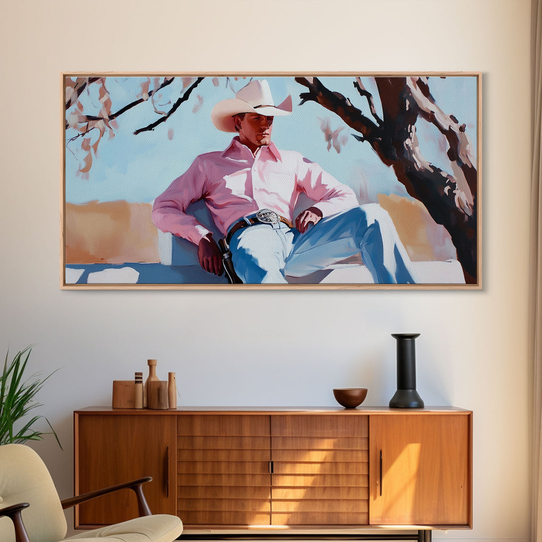 Autumn-themed portrait Framed Canvas Print of a woman in a cowboy hat holding a cup of coffee, surrounded by fall leaves, cozy fall decor