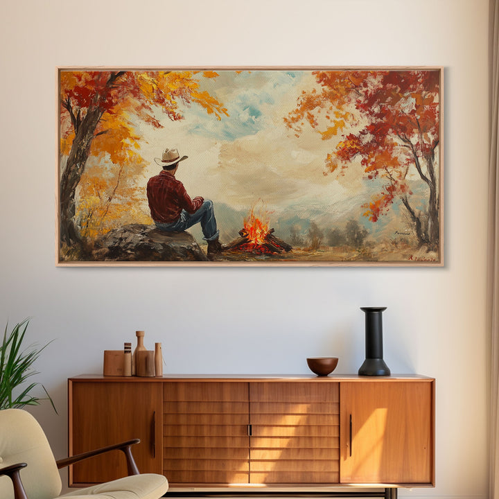 Cheerful Framed Canvas Print of a woman in a cowboy hat enjoying a coffee by fall colors, perfect vintage autumn wall art decor