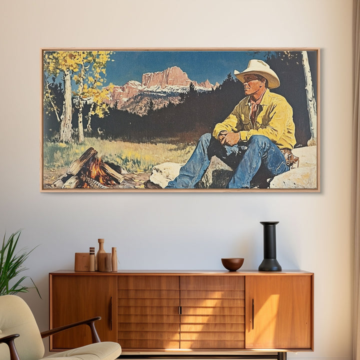 Bold monochromatic Framed Canvas Print showcasing a woman in a cowboy hat with horses in a snowy mountain landscape, rustic winter wall art