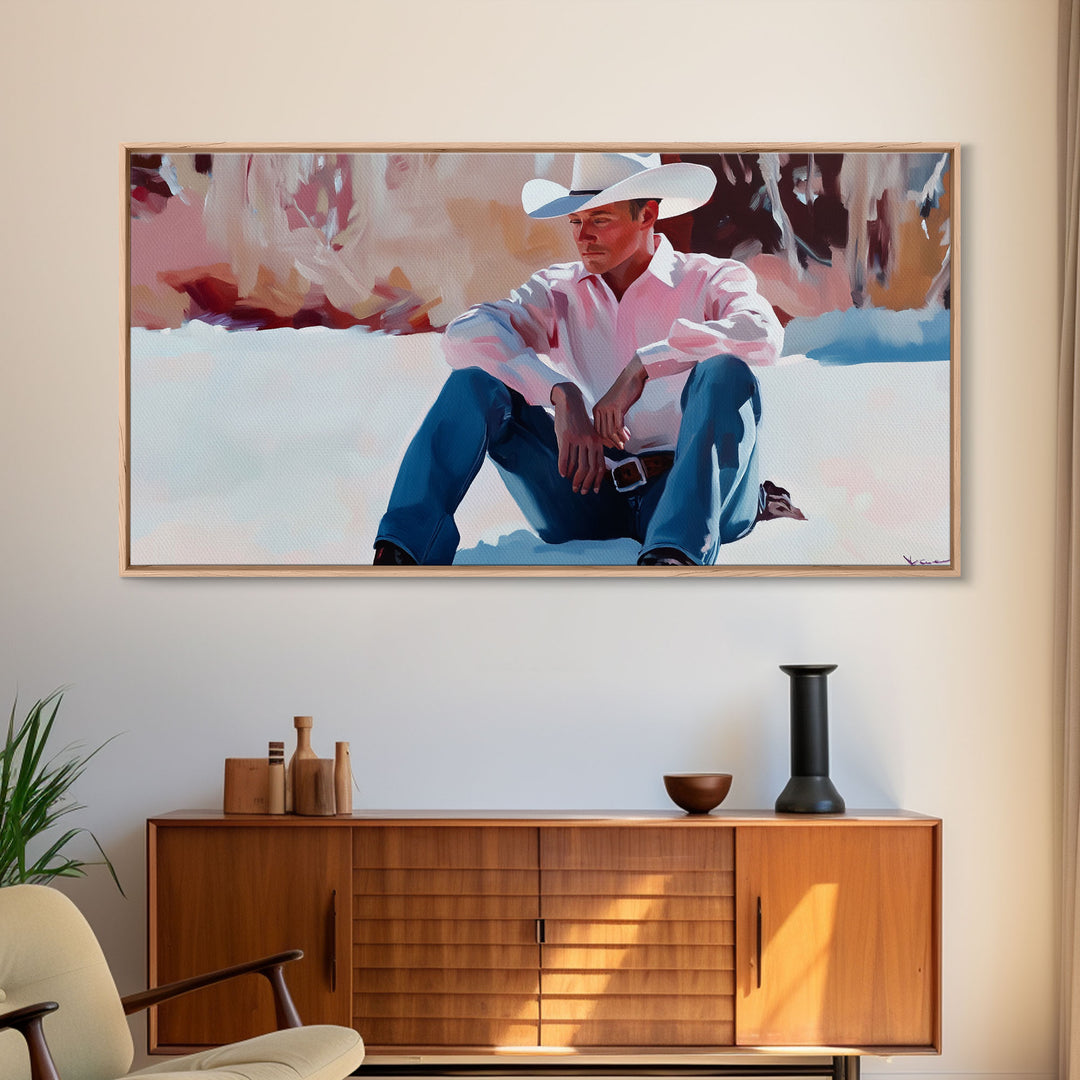 Fall harvest Framed Canvas Print featuring a cowgirl sitting among pumpkins in a rustic setting, farmhouse autumn decor and wall art