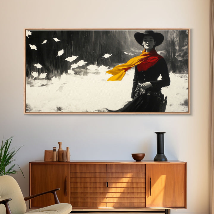 Bold Framed Canvas Print of a Cowgirl Riding Through Snow, Western Horse Art, Dynamic Winter Wall Decor and Christmas Holiday Gift Idea