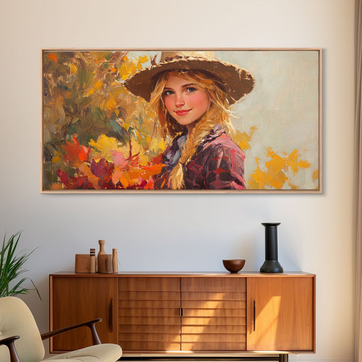Cowgirl Amongst The Fall Leaves, Framed Canvas Print, Serene Fall Wall Decor, Perfect Rustic Seasonal Wall Art and Gift Idea