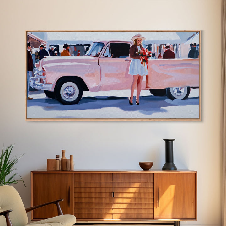 Cute Cowgirl and Her Pink Truck, Framed Canvas Print, Retro Pink Fall Decor, Wall Art Fall Home Decor, Ideal Gift Idea Rustic Seasonal Decor