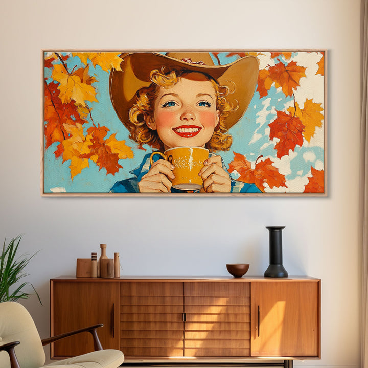 Cowgirl Having A Cup Of Joe, Framed Canvas Print, Farmhouse / Western Rustic Charm, Seasonal Art Piece to Warm Up Your Home Decor This Fall