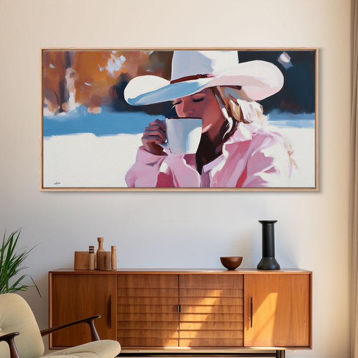 Cowgirl Enjoying A Cup of Coffee, Framed Canvas Print, Winter Wall Art, Pink Decor, Gift For Her, Seasonal Winter Home Decor