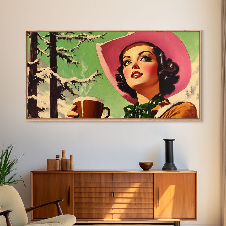 Retro Cowgirl Having A Cup Of Coffee, Framed Canvas Print, 1950s Style Wall Art, Vintage Art, Winter Decor, Watercolor Christmas Art